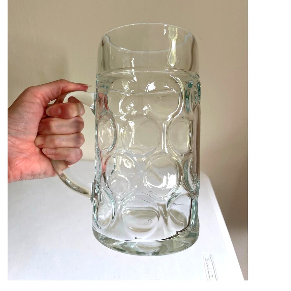 Vintage Heavy Glass Beer Stein Mug Dimpled 8” Large Tankard German Oktoberfest
